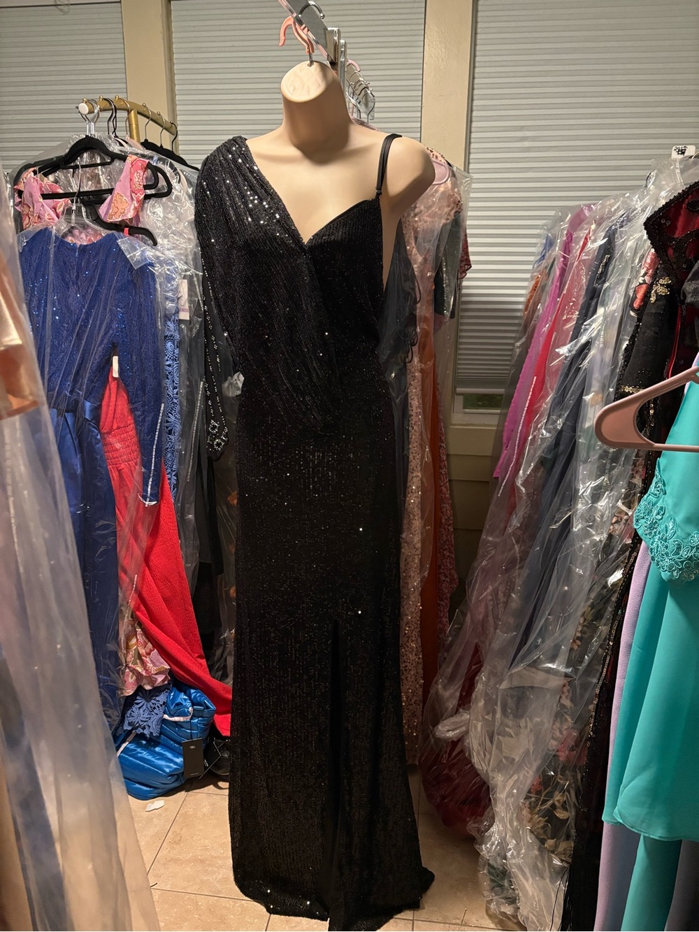 Black Sequin Backless Evening Gown with Draped Side Detail - Picture 5 of 5